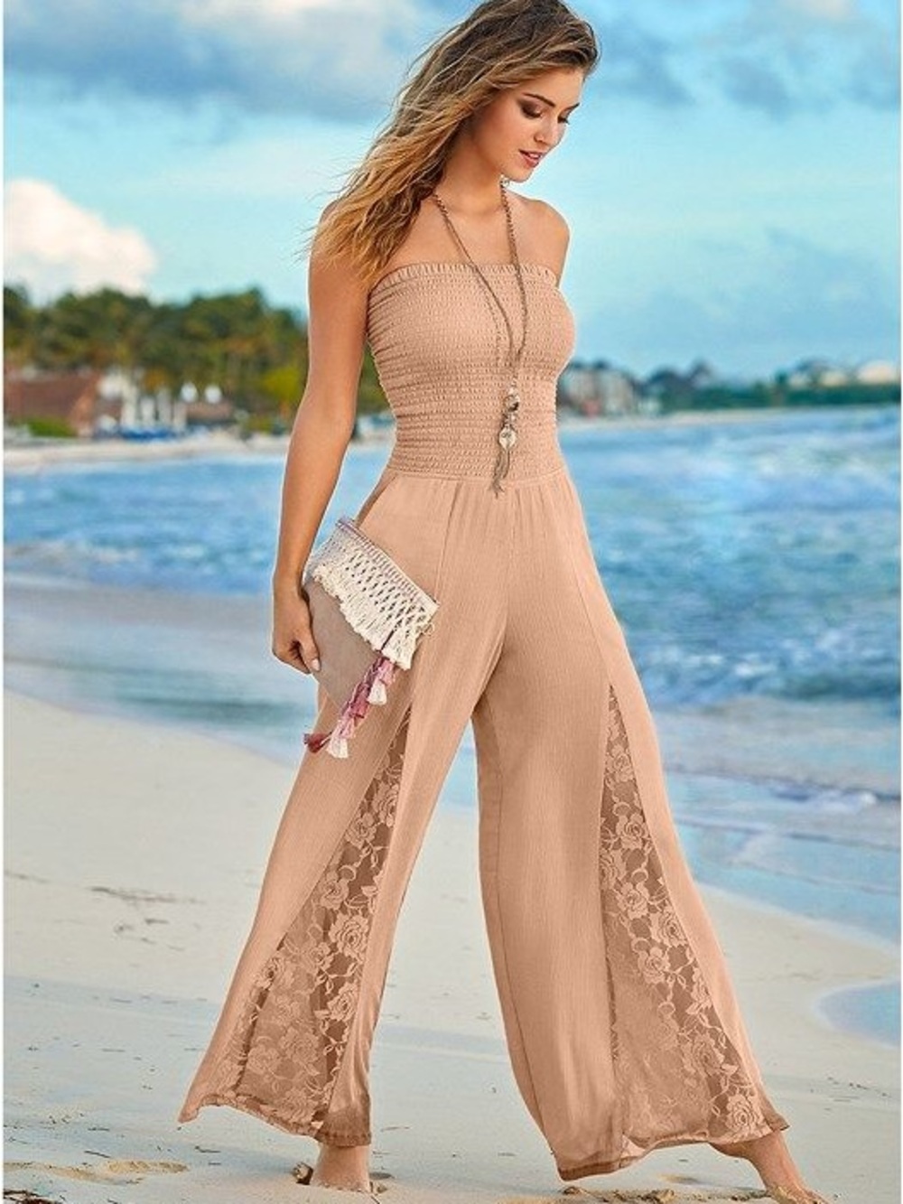 Venus Strapless Smocked Gauze Wide Leg Jumpsuit Sz M - Picture 2 of 10